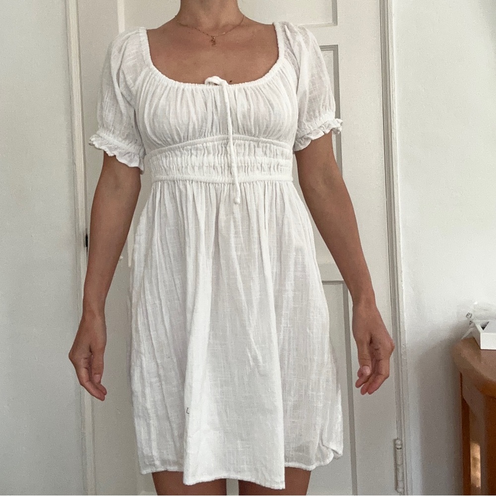 White linen cotton babydoll puff sleeve mini dress
